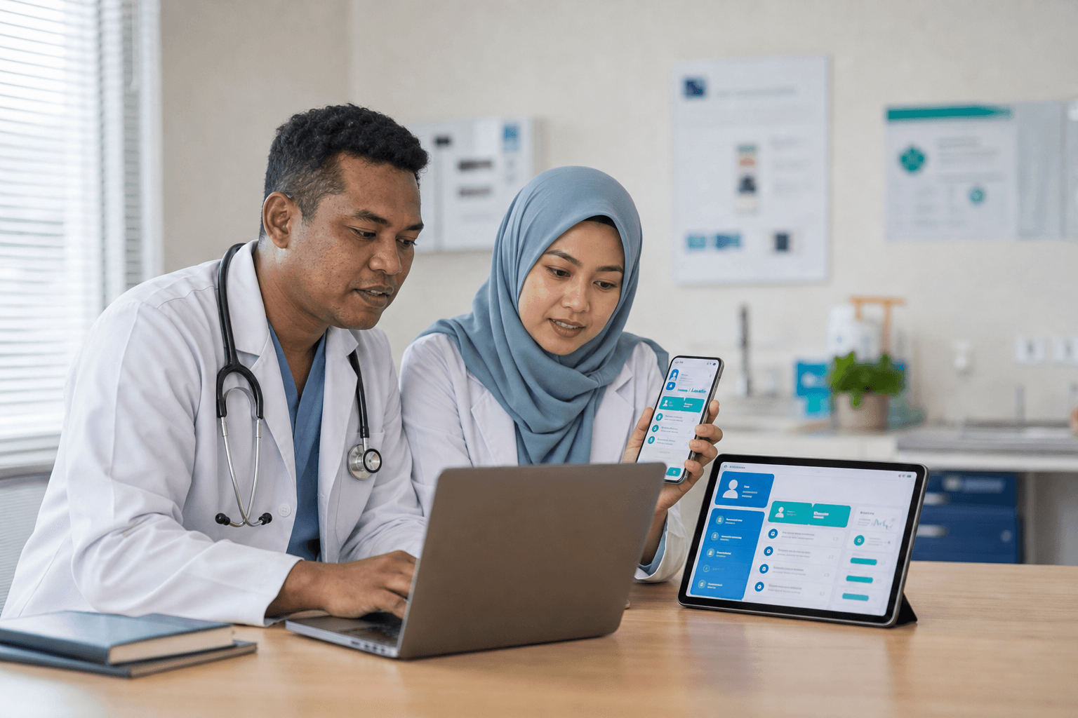 Dokter dan tenaga kesehatan berhijab menggunakan software klinik Medhop melalui laptop, tablet, dan ponsel